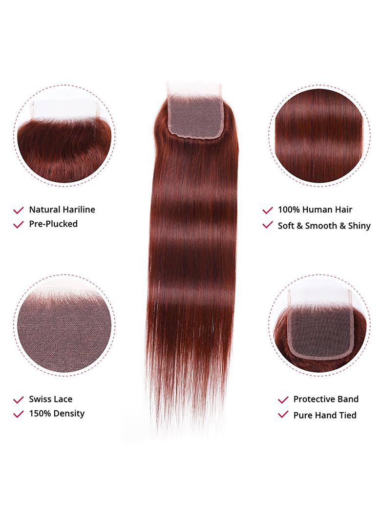 The UNice Dark Auburn Straight Remy Human Hair 4 Bundles With Closure Deal image highlights NaturalHariline, 100%HumanHair, Pre-Plucked, Soft&Smooth&Shiny, hair.