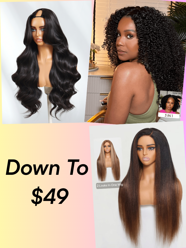 A model displays the UNice Black Yaki Kinky Curly 4x4 2 Styles In 1 Put On And Go Wig, showing a col of different wigs and wigs and yaki texture, kinky curly texture.