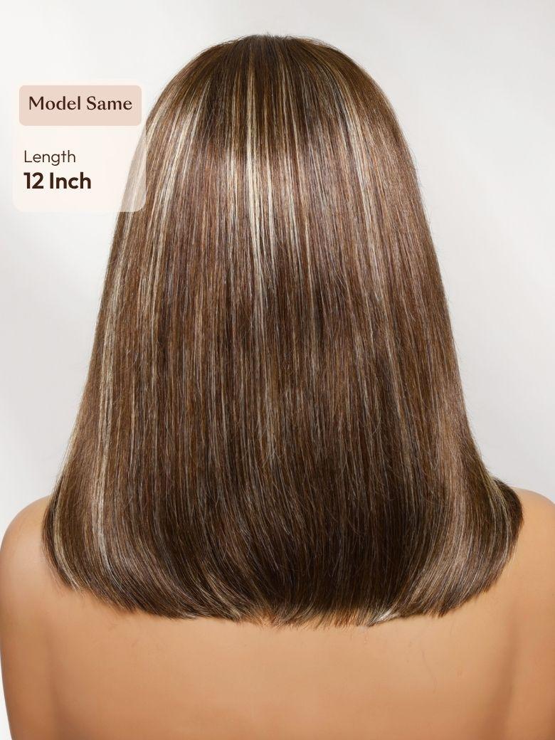 A model displays the UNice 7x5 Bye Bye Slip Lace Glueless Brown with Blonde Skunk Stripe Straight Bob Wig, showing a model with long brown hair and a brown and blonde.