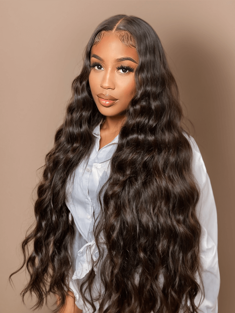A model displays the UNice Loose Deep Wave Human Hair 3 Pcs Bundles, showing a model with long hair wearing a white shirt and deep wave texture, bundle fullness.