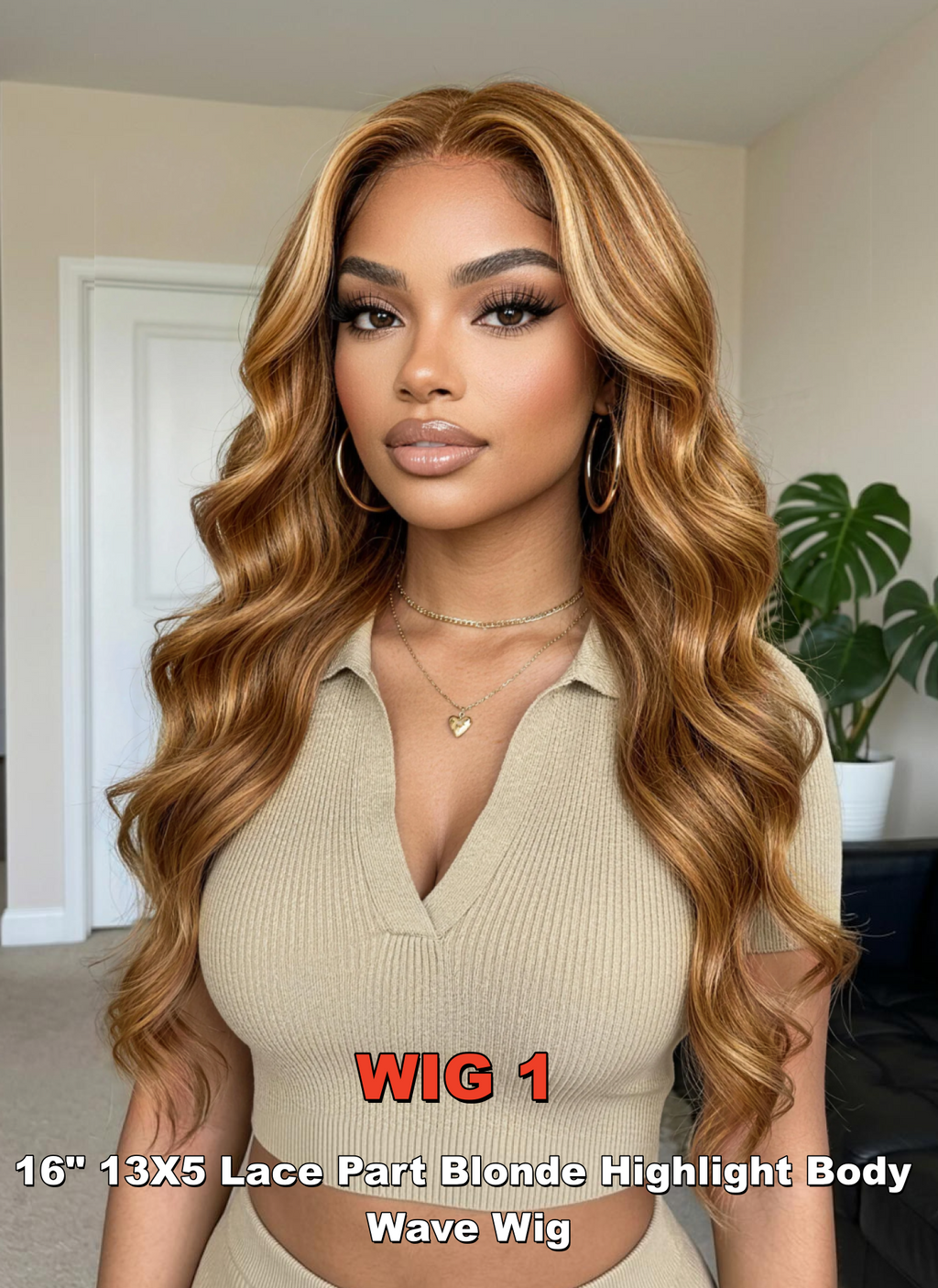 A model displays the UNice TWO wig $99 13x5x0.5 Middle Part Highlight Body Wave & Kinky Straight Real, showing a model with long wavy hair wearing a beige sweater.