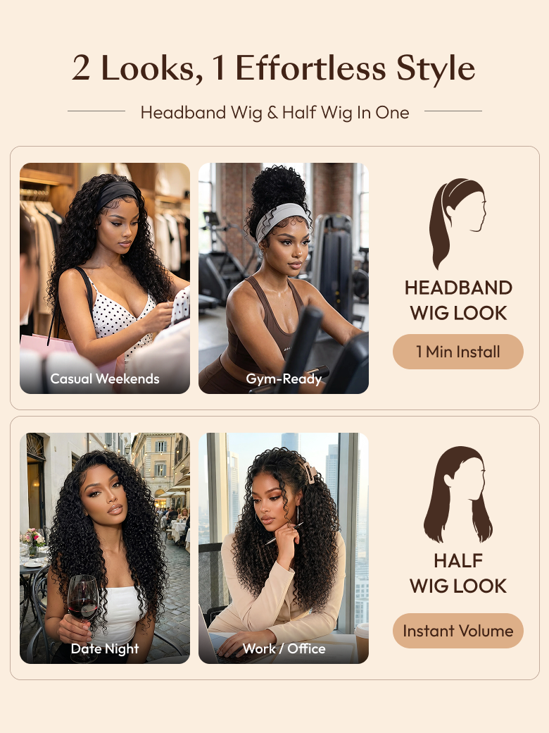 UNice Water Wave In Natural Black 2-In-1 Switch™ Breathable Headband Wig with Flexible Drawstring