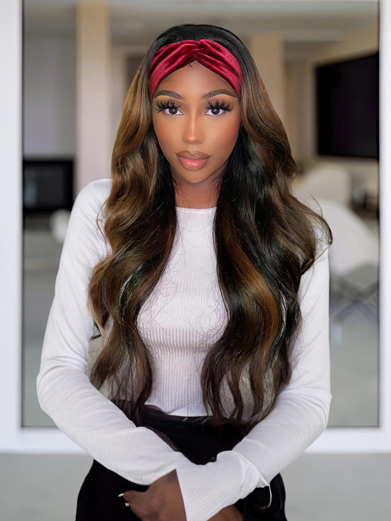 A model displays the UNice Balayage Highlight Ombre Color Body Wave Headband Wig 150% Density, showing a model with long hair wearing a white sweater and black pants.