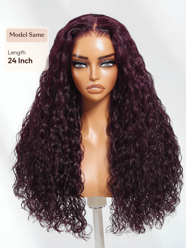 The UNice 13x4 Bye Bye Slip Lace Frontal Black Cherry Water Wave Glueless Drawstring Wig product image shows a wig with long curly hair and purple highlights and water.