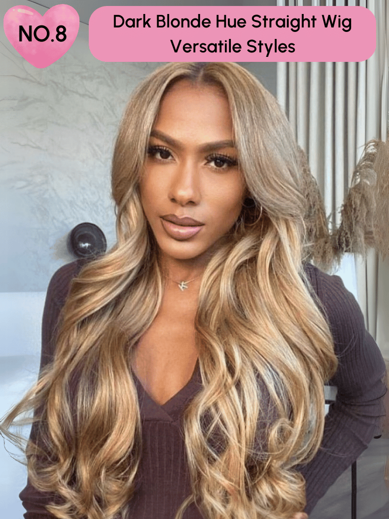 A model displays the UNice 24 Inch 180% Density 13x4 Lace Frontal Wig Last Chance Sale wig, showing dark blonde hair color and 13x4, lace finish.