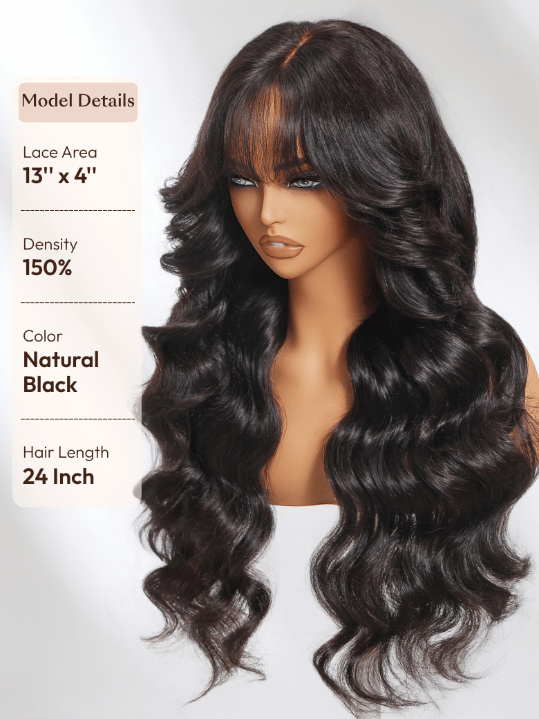 The UNice 20"-24" UNice 7x5 Bye Bye Knots & 13x4 Pre-Everything & HD Lace Frontal Pull image highlights Model Details, LaceArea, 13'x4"", Density, a wig with long hair.