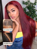 A model displays the UNice Bye Bye Knots Wig 7x5 Glueless Lace Burgundy Yaki Wig With Bleached Knots, showing a model with long red hair and a yellow top and yaki.