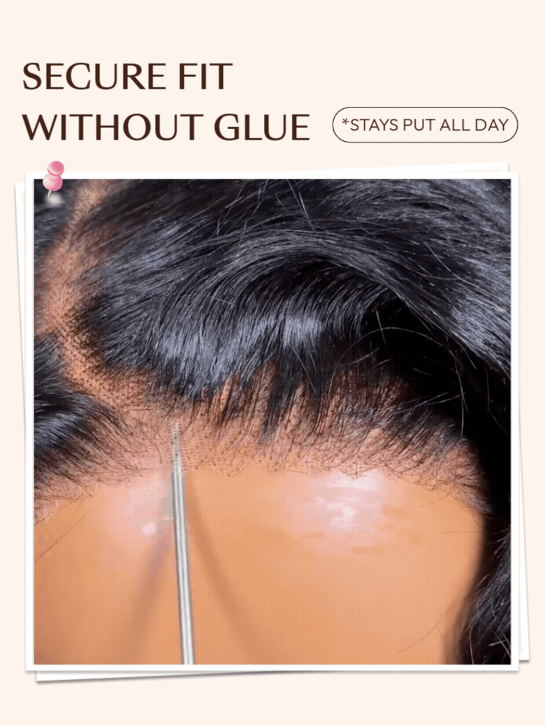 A model displays the UNice Allofdestiny Same UNice Bye Bye Slip 6x4 Glueless Lace "C" Side Part Loose wig, showing a model with a scalp on her head and 6x4, glueless.
