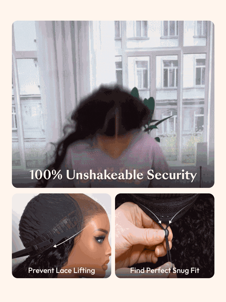 A model displays the UNice 13x4 HD Lace Bye Bye Slip Body Wave Wig - Pull & Go Fit Ear-to-Ear with Invisi, showing a model with a black wig and a white shirt and body.