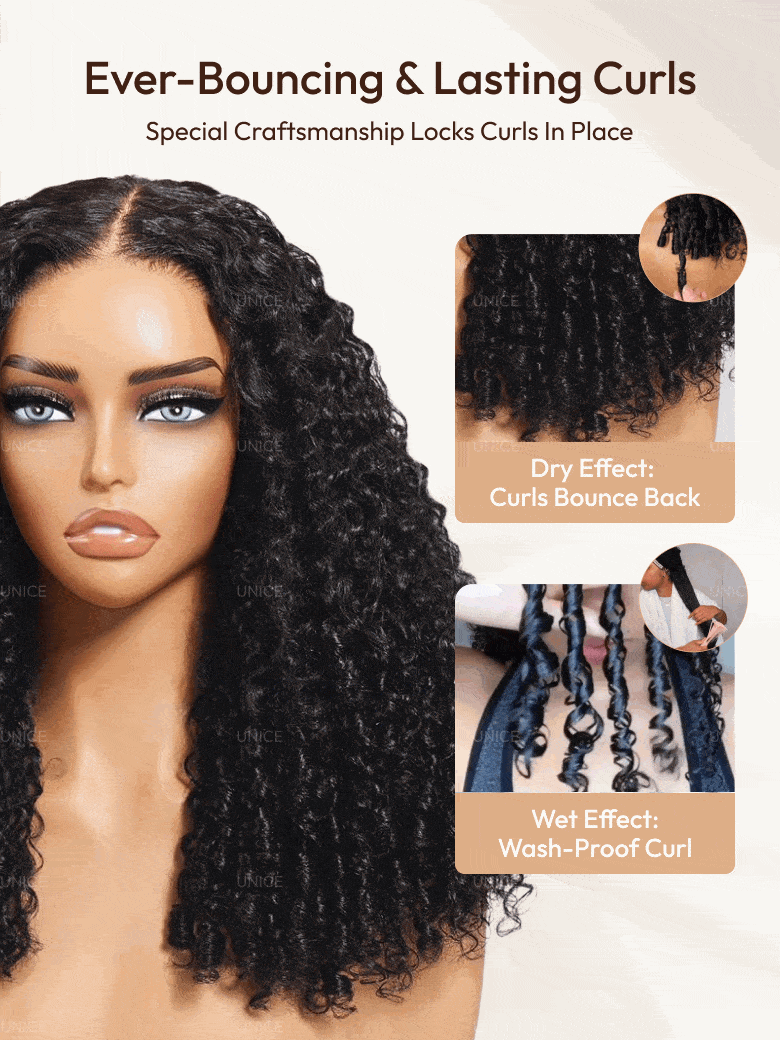 A mannequin with long, defined, black curly hair is shown. Insets display close-ups of the curls: dry with bounce and wet with defined, wash-proof curls. Text highlights ever-bouncing, long-lasting curls and curl-locking craftsmanship.