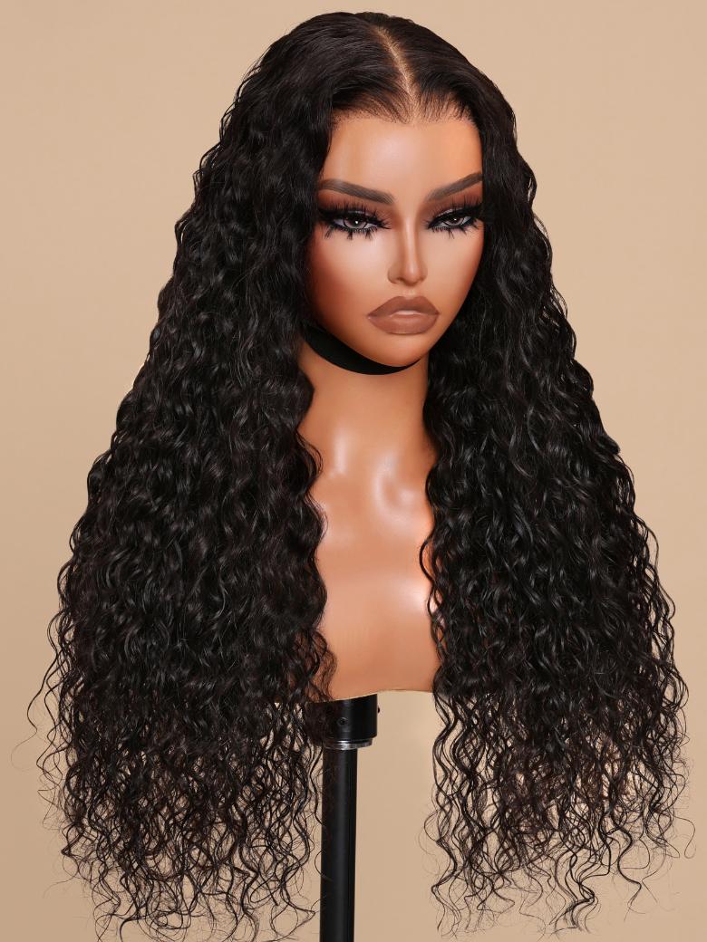 The UNice With Drawstring 180% Density Ear To Ear 13x4 Pre-Everything Lace Front Water wig product image shows a wig with long curly hair on a mann and water wave.