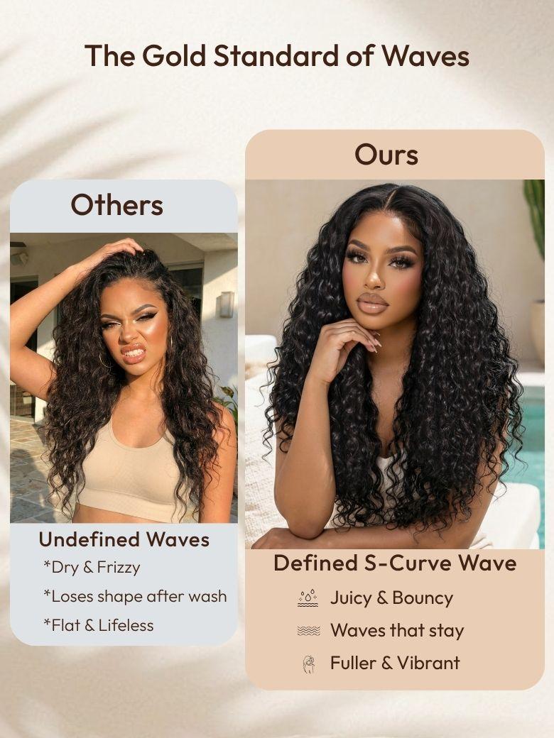 A model displays the UNice 7x5 Bye Bye Slip Glueless Water Wave Drawstring Wig With Baby Hair, showing the gold standard waves and water wave texture, 7x5, glueless wear.