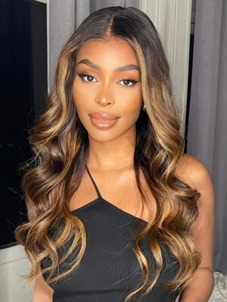 A model displays the UNice Classic Brown Highlight 4Pcs Human Hair Body Wave Bundles, showing a model with long wavy hair wearing a black top and body wave texture.