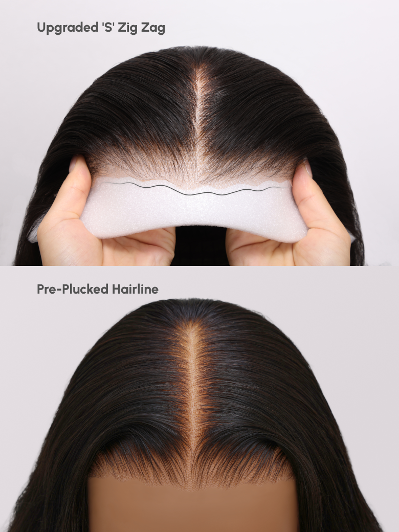 A model displays the UNice Bye Bye Knots 7x5 Lace Loose Wave Red Orange Highlights Wig with Face Framing, showing a woman ' s hair is shown with the hairline and loose.