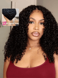 The UNice EasiContour V Part Minimal Leave Out Glueless Curly Wig Adjustable Cap visual image position 2 shows a model with long curly hair and a red tank top | curly.