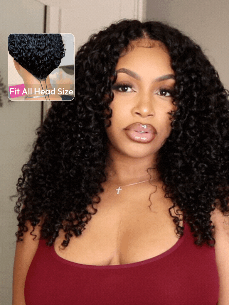 A model displays the UNice EasiContour V Part Minimal Leave Out Glueless Curly Glueless Wig Invisi, showing a model with long curly hair and a red tank top and curly.