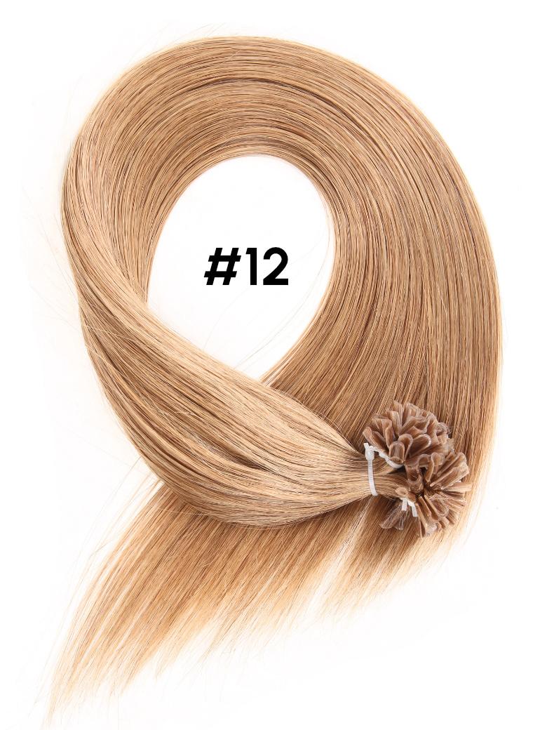 The UNice KERAHERO U-TIP STRAIGHT: 50G is shown with a piece of blonde hair with a flower on top and straight texture.