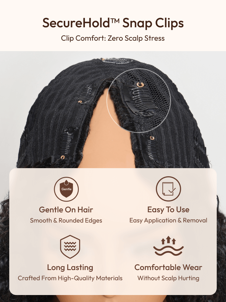 The UNice EasiContour V Part Glueless Yaki Straight Wig Invisi Drawstring Human Hair image highlights SecureHoldTM Snap Clips, Clip Comfort:ZeroScalp Stress, Gentle.