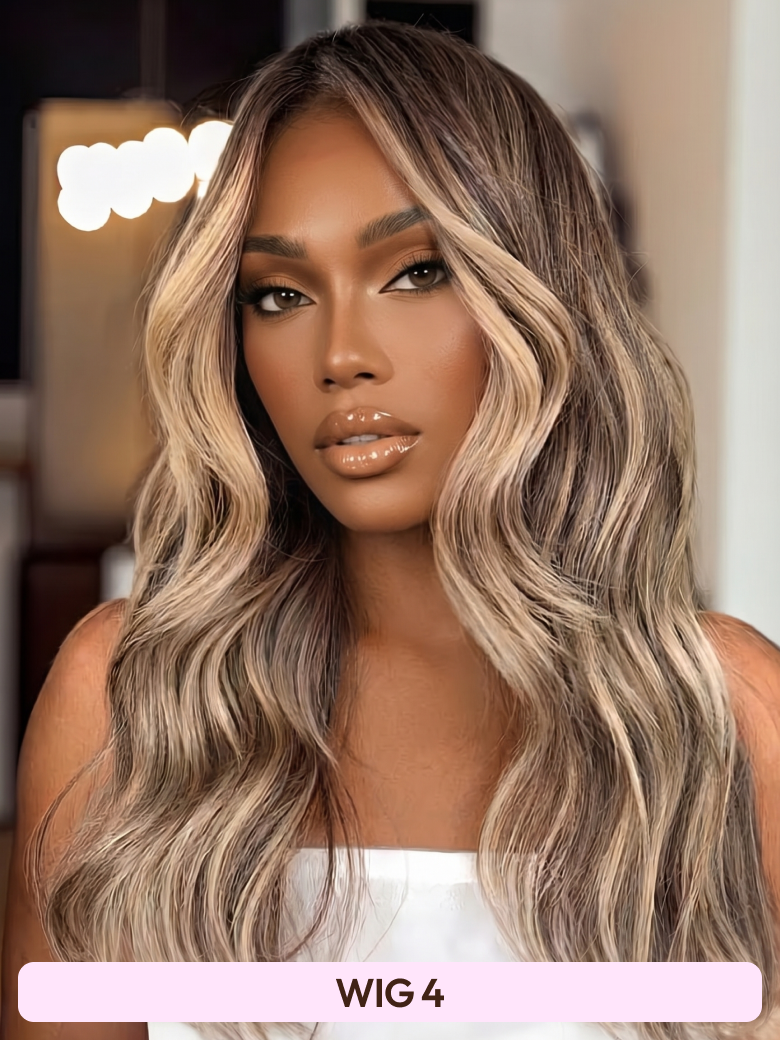 A model displays the UNice 13x6 Front Lace 180% Density Honey Highlight 20 Inch wig, showing a model with long blonde hair and a white top and highlight, 13x6, lace.