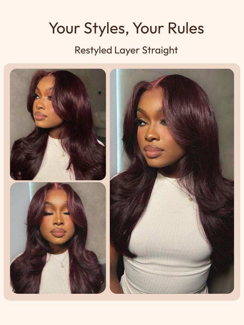 A model displays the UNice Bye Bye Knots 13x4 Lace Frontal Purple Black Cherry Layered Straight & Loose, showing a model with long dark hair wearing a burgundy wig.