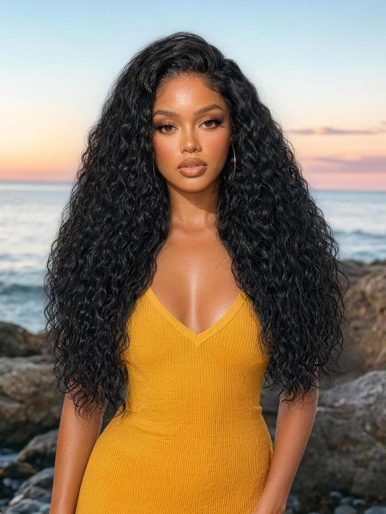 A model displays the UNice 13x4 Bye Bye Slip Lace Frontal Textured Kinky Water Wave Wig with Invisi, showing a model with long curly hair standing on rocks and water.