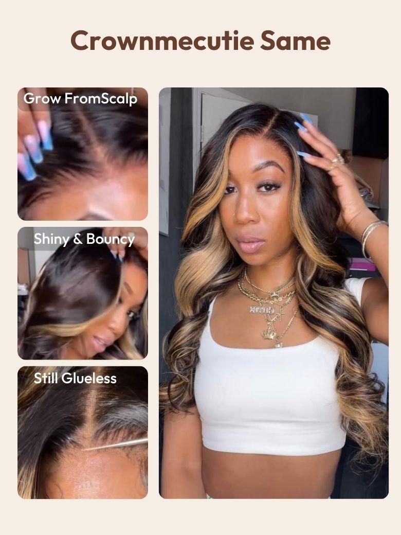 A model displays the UNice Loose Wave Butterscotch Highlights Brown Wig 150% Density Sun Kissed Color, showing a model with long hair and a white top and loose wave.