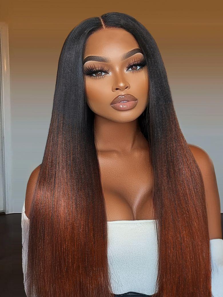 The UNice EasiContour V Part Black to Reddish Brown Ombre Yaki Straight Wig visual image position 2 shows a model with long hair wearing a wig | straight texture, yaki.