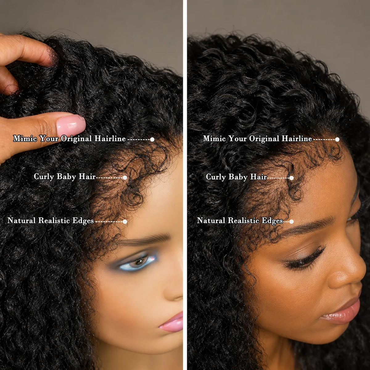 4C Curly Edges Hairline Glueless Curly Lace Front Human Hair Wig With Super Natural Hairline 220% Density