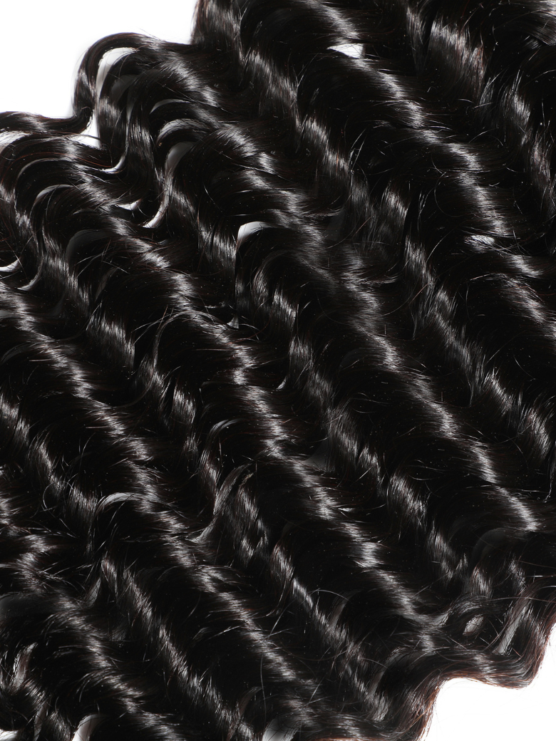The UNice Undetectable HD Lace 5x5 Closure with 3 Deep Wave Bundles product image shows a close up of a curly hair and deep wave texture, 5x5, lace finish.