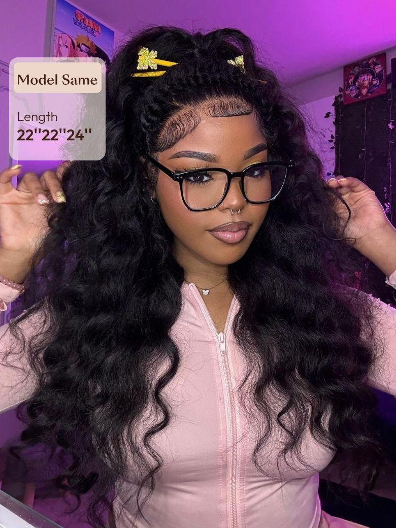 A model displays the UNice 3Pcs Kinky Straight Indian Real Human Hair Bundles Deal, showing a model with long curly hair wearing glasses and kinky straight texture.