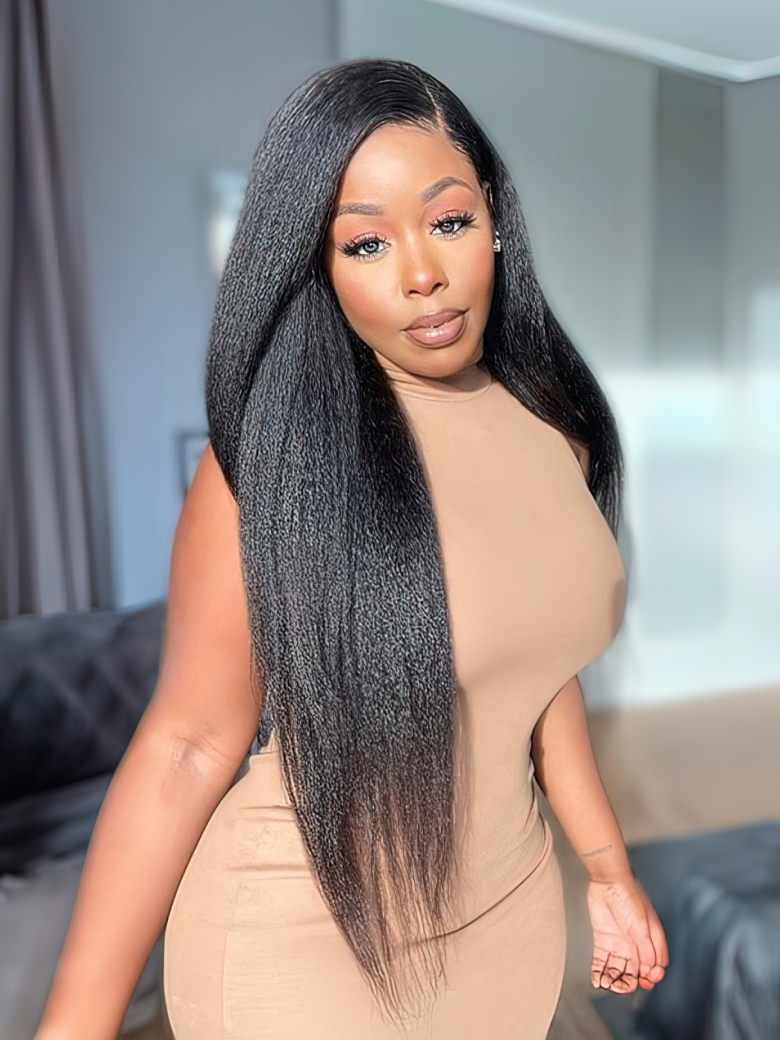 A model displays the UNice 4Pcs Kinky Straight Remy Human Hair Bundles, showing a model with long hair wearing a tan dress and kinky straight texture, straight texture.