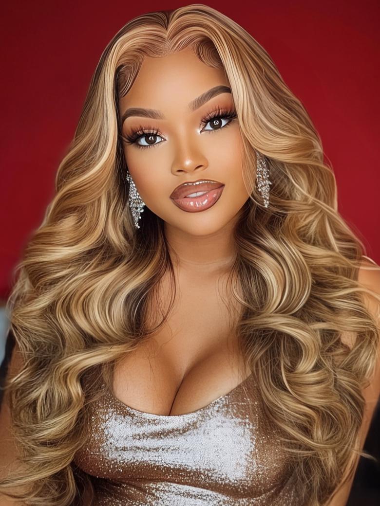 A model displays the UNice 7x5 Glueless Lace Bye Bye Knots Wig Pre-Cut Honey Blonde Body Wave Wig, showing a model with long blonde hair wearing a gold dress and body.