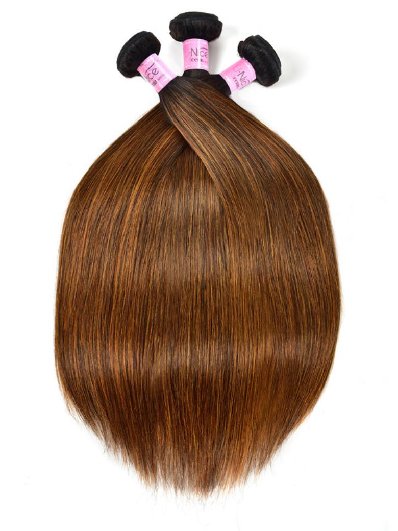 The UNice Hair Virgin 3 Bundles Deals Colored Hair Weave #FB30 Straight Hair image highlights Ca, a brown hair extension with a pink bow and straight texture.