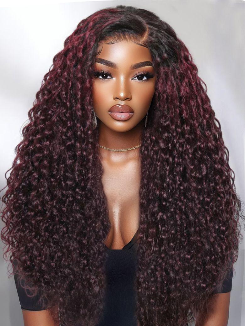A model displays the UNice 13x4 Pre-Everything Wig Burgundy Plum With Dark Roots Water Wave Wig, showing a model with long curly hair wearing a burgundy wig and water.