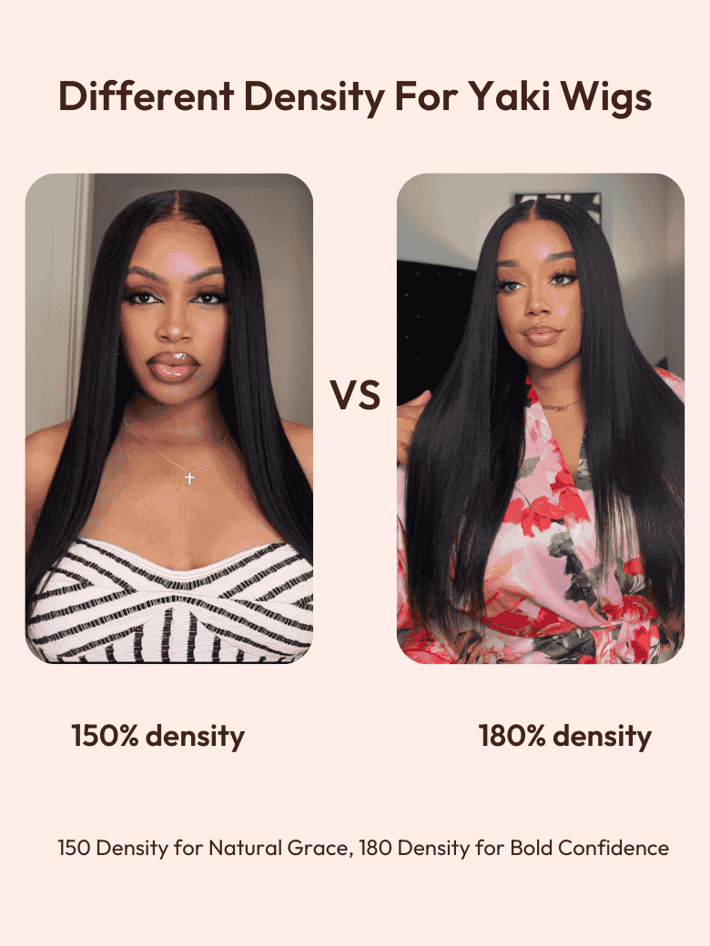 The UNice EasiContour V Part Glueless Yaki Straight Wig Invisi Drawstring Human Hair image highlights DifferentDensityFor Yaki Wigs, VS, 150%density, 180%density.