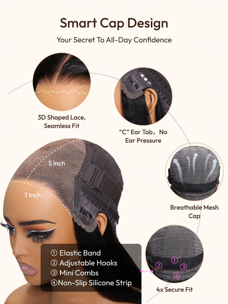 The UNice US Only 22 new users needed 16 Inch UNice Bye Bye Knots 7x5 Lace Curly Texture image highlights Smart Cap Design, YourSecretToAll-DayConfidence, 3D Shaped.
