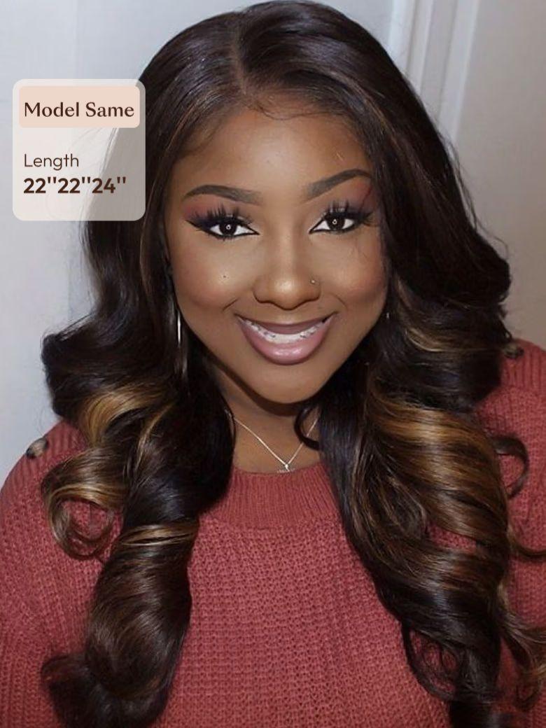 A model displays the UNice Chestnut Brown Ombre 3 Pcs Body Wave Human Hair Bundles, showing a model with long hair and a red sweater and body wave texture, ombre.