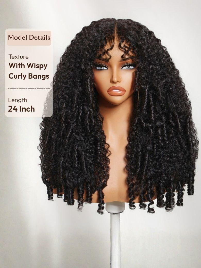UNice 24-inch jerry curly human hair wig with wispy curly bangs