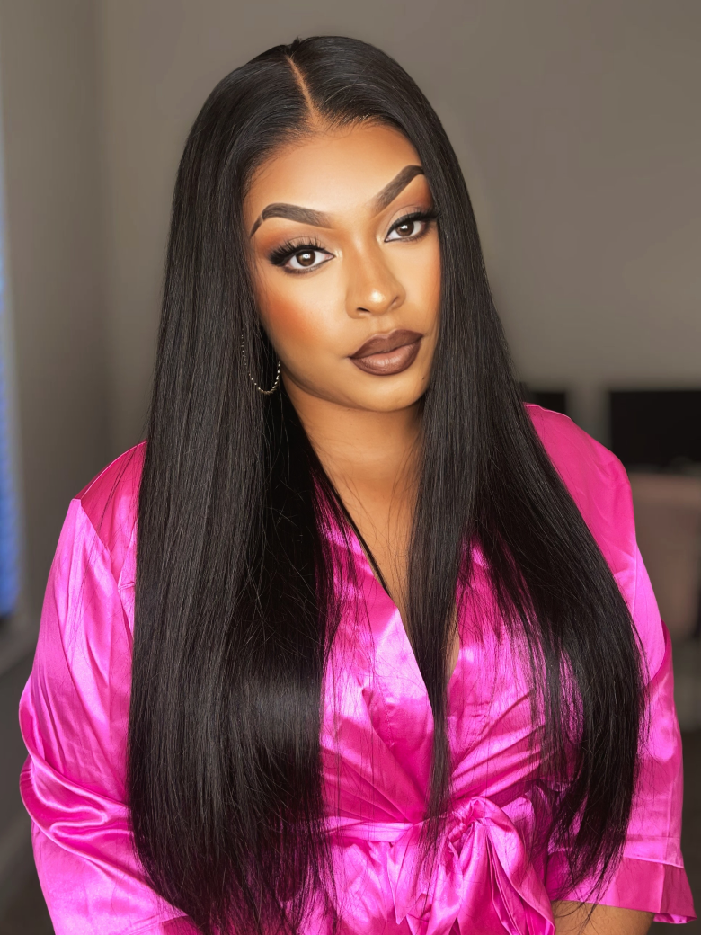 A model displays the UNice 200% Density 13x4 Transparent Lace Frontal Black Straight 7x5 Bye Bye Knots, showing a model with long black hair wearing a pink satin robe.