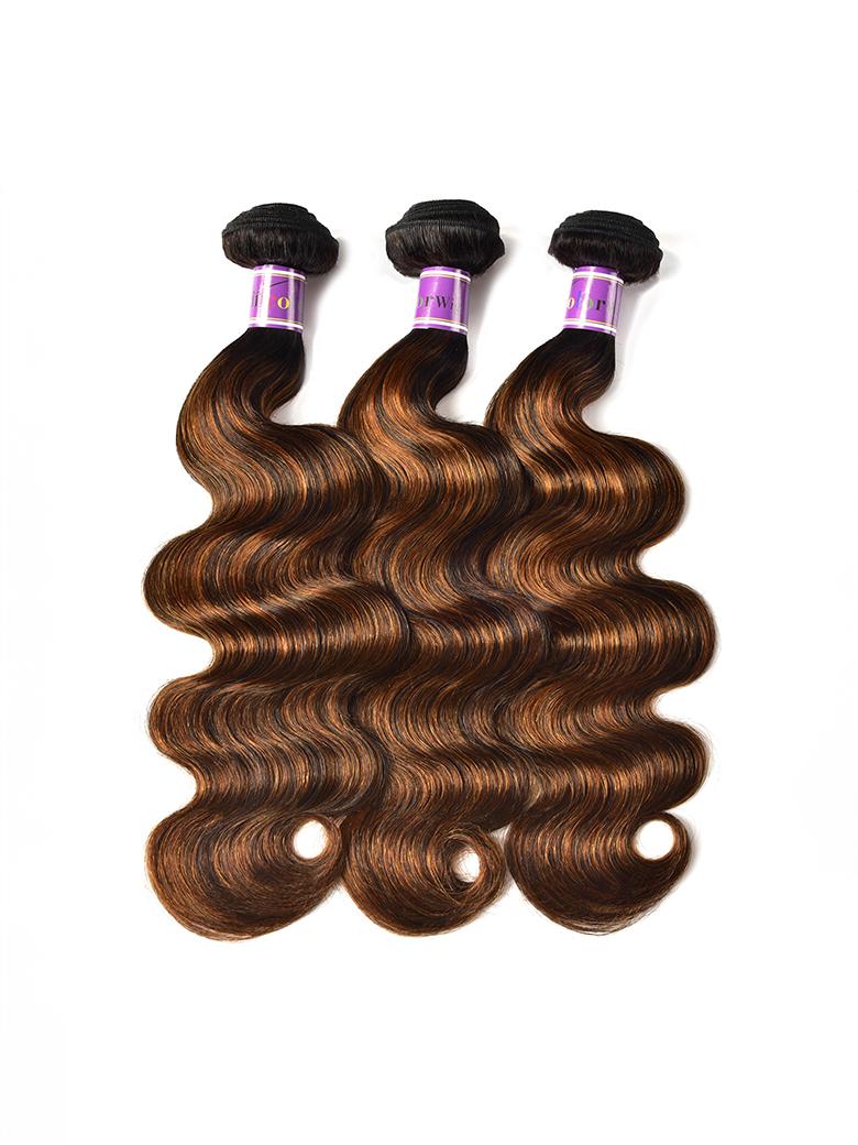 The UNice Brown Balayage 13x4 Lace Closure With 3Pcs Body Wave Bundles product image shows a bundle of hair extensions with one piece of hair and body wave texture.