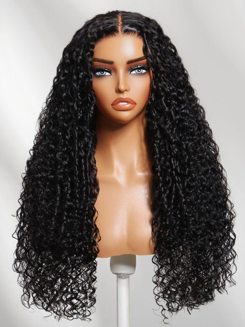 The UNice Bye Bye Slip 7x5 Lace Natural Black 4D Mixed Texture Burmese Curly Wig with product image shows a wig with long curly hair on a mann mann and Burmese curly.