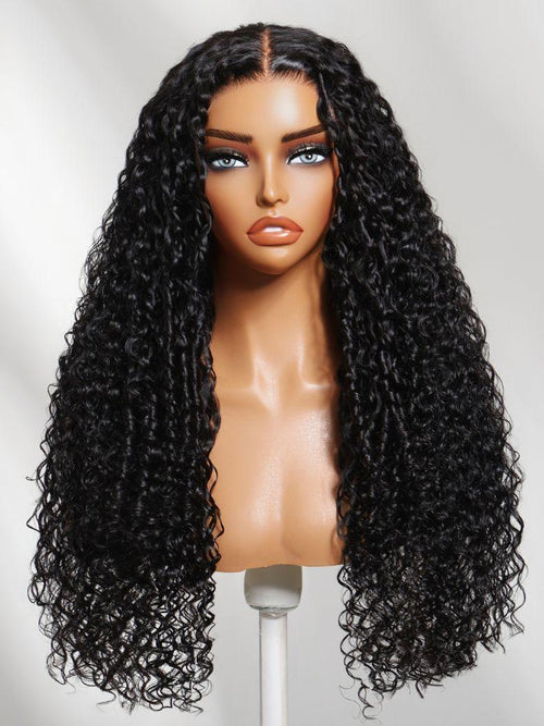 The UNice 18''-24'' UNice Bye Bye Slip 7x5 Lace Natural Black 4D Mixed Texture Burmese wig product image shows a wig with long curly hair on a mann mann and Burmese.