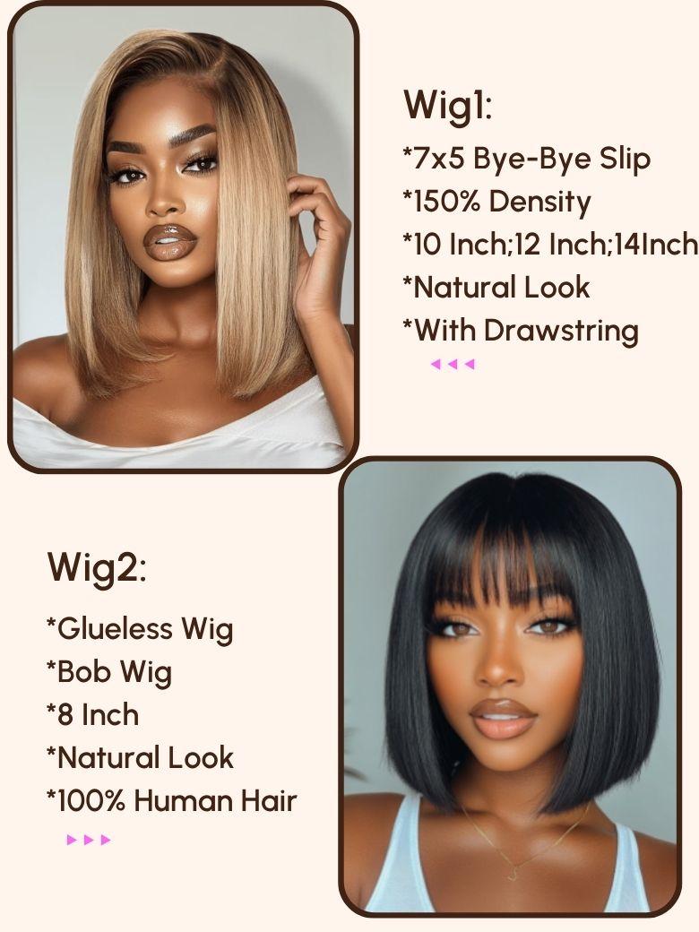 A model displays the UNice Pay $115 Get 2 wig 24H, showing wig wigs with bangs.