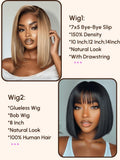 A model displays the UNice Pay $115 Get 2 wig 24H, showing wig wigs with bangs.