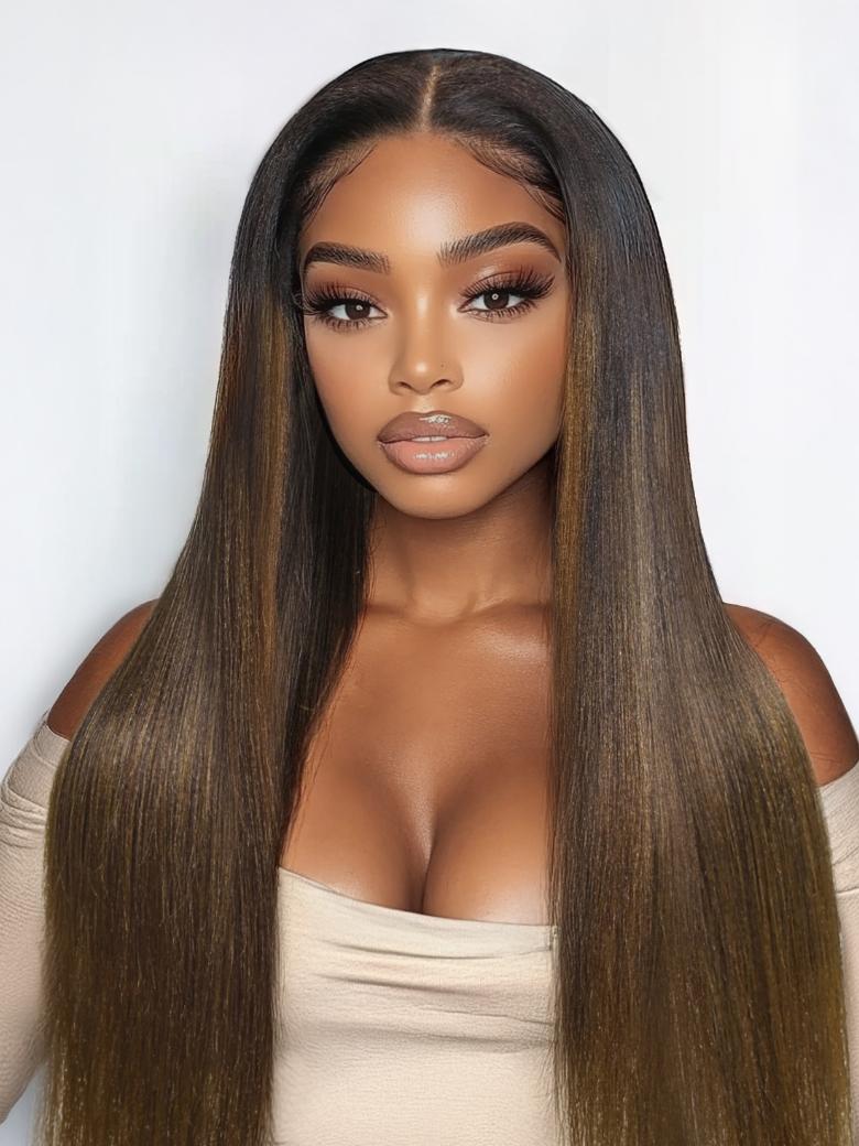A model displays the UNice 7x5 Bye Bye Knots Lace Black to Chestnut Brown Ombre Yaki Straight Wig Invisi, showing a model with long brown hair wearing a wig and loose.