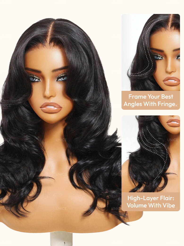 The UNice 180% Density 7x5 Bye Bye Knots Butterfly Cut Body Curls Lace Wig with image highlights FrameYourBest, Angles WithFringe, High-Layer Flair, VolumeWithVibe.