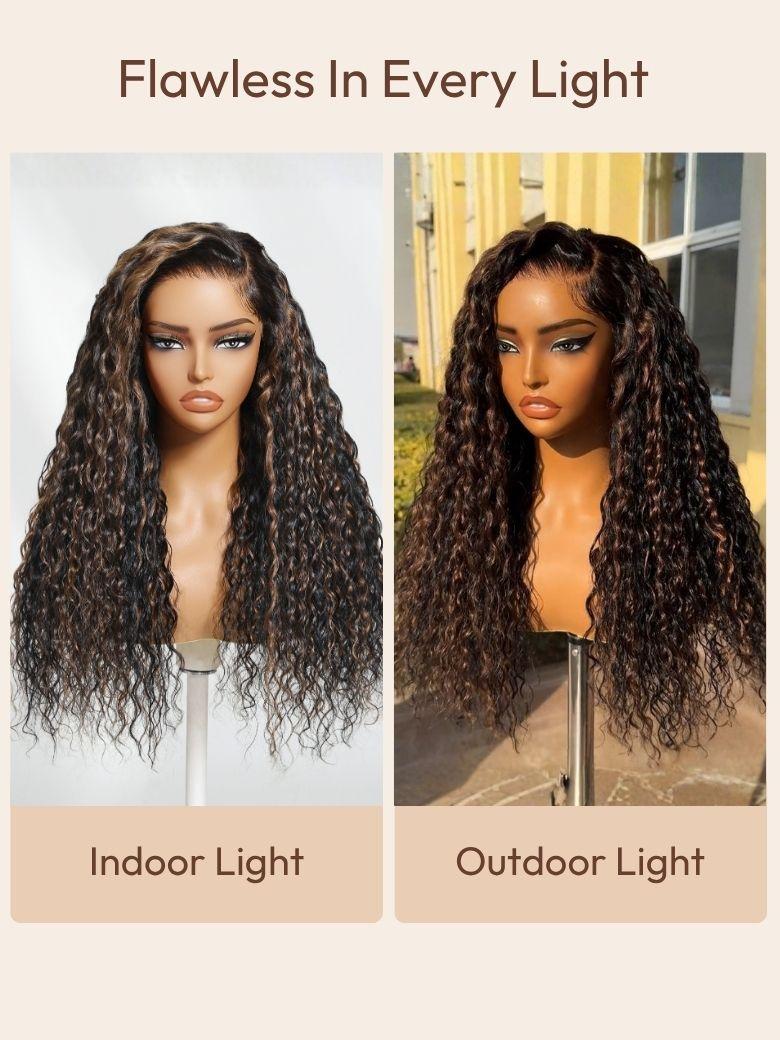 The UNice 7x5 Bye Bye Slip Lace Water Wave Black Wig With Golden Brown Highlights 150% image highlights Flawless In Every Light, Indoor Light, Outdoor Light, a full lace.