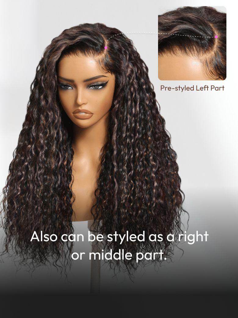 The UNice Bye Bye Knots 7x5 Lace Water Wave Black Wig With Golden Brown Highlights & image highlights Pre-styled LeftPart, Also can be styled as a right, or middle part.