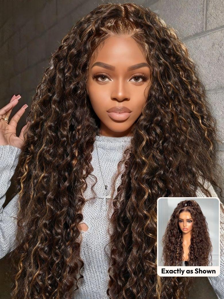 A model displays the UNice Human Hair Bye Bye Knots 7x5 Lace Dark Toffee Brown with Auburn Highlights wig, showing a model with long curly hair wearing a wig and water.