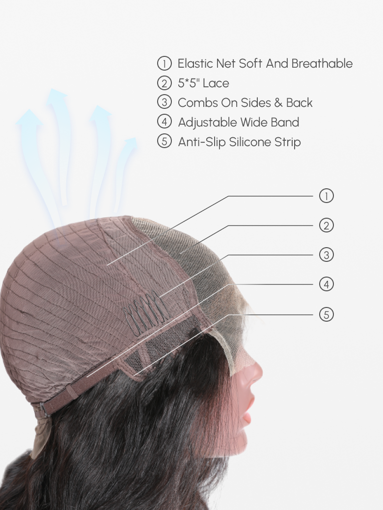 A model displays the UNice 200% Density HD Glueless 5x5 Lace Natural Afro Kinky Curly Human Hair Wig, showing a model with long hair and a diagram and kinky curly.